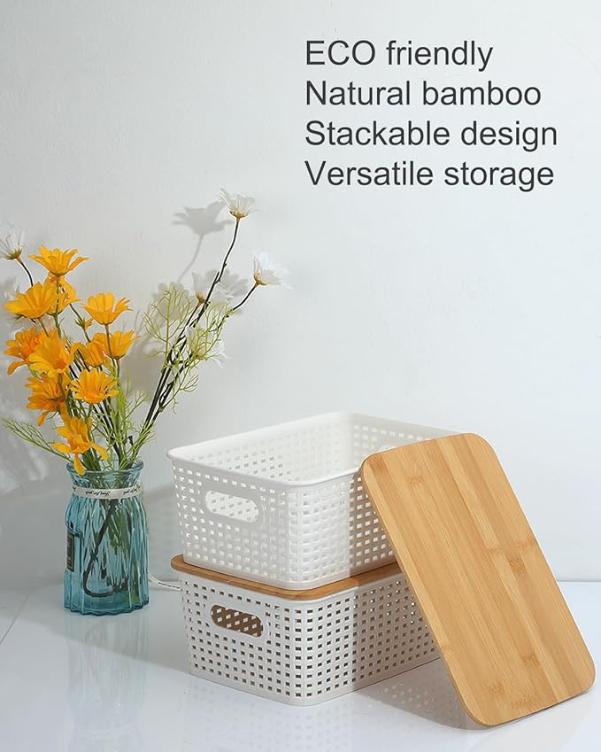 AREYZIN Storage Bins with Bamboo Lids Set of 6 Lidded Storage Container Plastic Baskets Organizer Bins for Organizing Kithen Room Bedroom Office Closet, Sturdy(White)