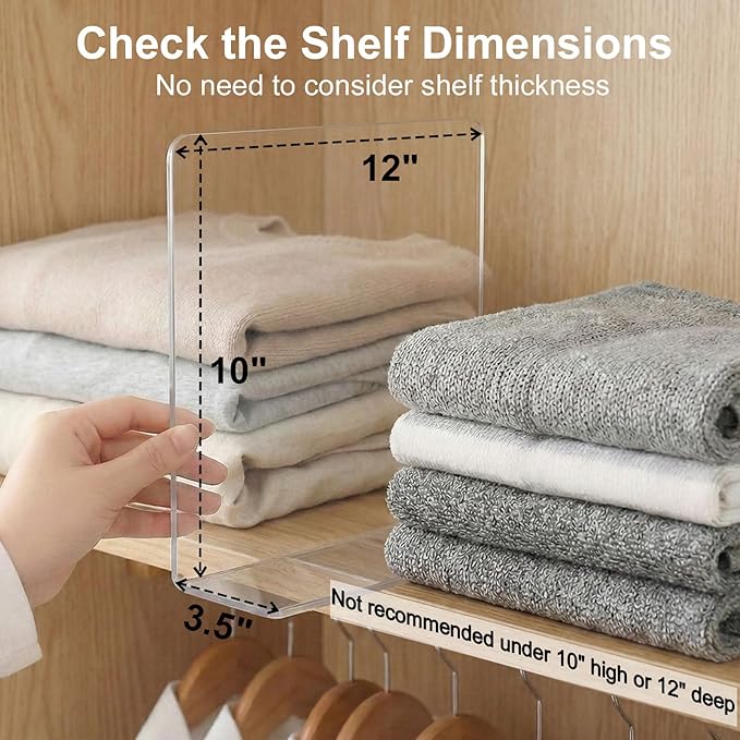 Shelf Dividers for Closet Organization: 10" Tall x 12" Deep, Adhesive Separators Features Acrylic Material and Provides Storage for Clothes and Purses in Bedroom Cabinets(8-Pack)