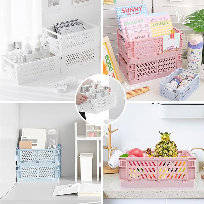 Plastic Baskets for Desk Organizing, Drawer Organizer, 2 Medium+2 Small Durable Folding Storage Crate for Home Kitchen Classroom Office Bedroom and Bathroom (Pink)