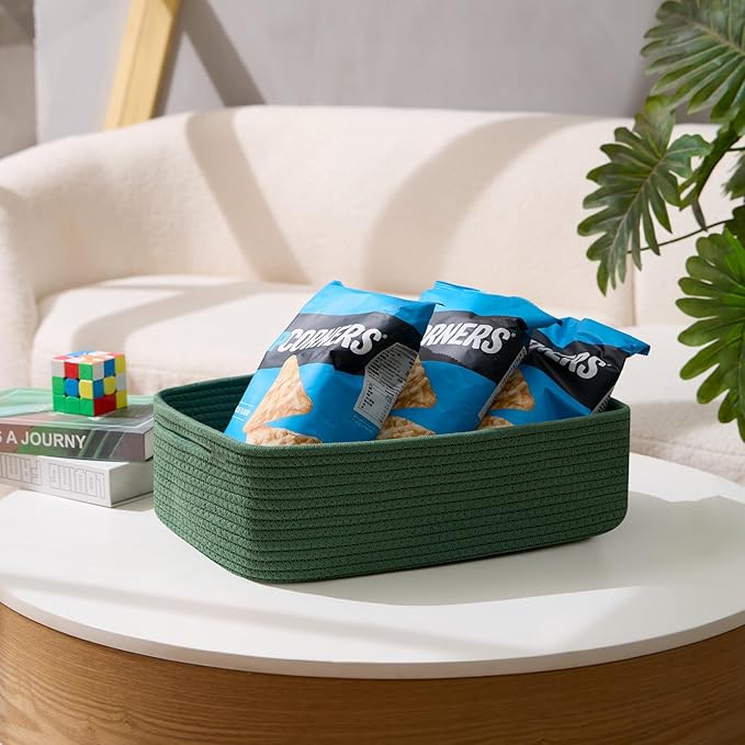 Large Shallow Organizing Baskets 15x11x5.1 Inches - Rope Woven Storage Bins for Bathroom, Shelves, Cube Closet, Green 4 Packs