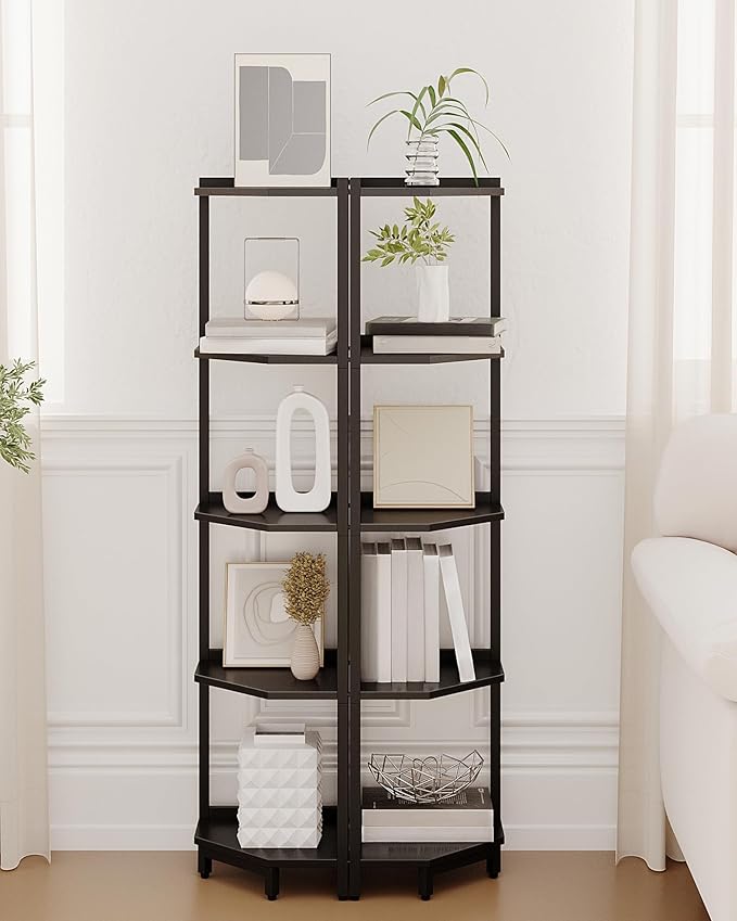 Corner Shelf Stand, Corner Bookshelf, Storage Standing Shelf Unit with Metal Frame, Plant Stand, Bookcase for Living Room, Home Office, Bedroom, 5-Tier Black CS05906B