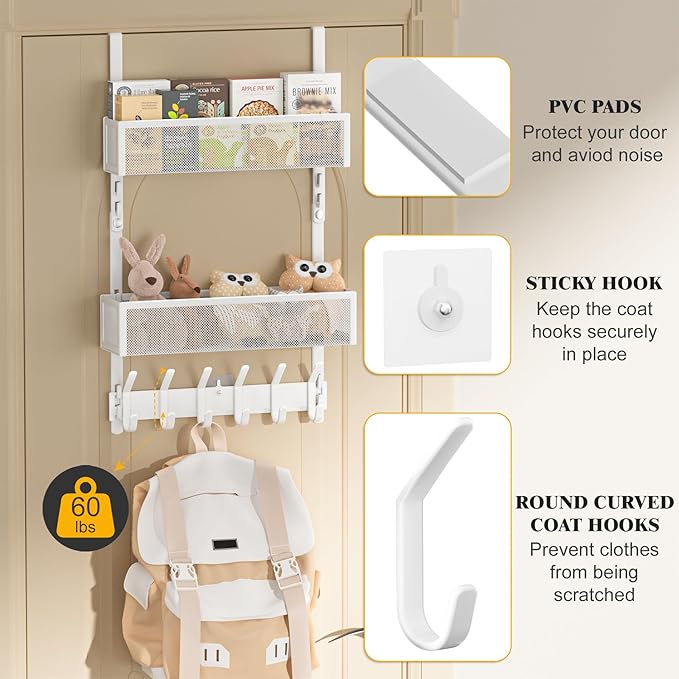 LUCYCAZ Adjustable Over The Door Hooks Organizer, Hanger Storage with 10 Coat Hooks & 2 Mesh Basket, Over The Door Towel Rack Organizer for Bathroom, Bedroom, Kitchen (White)