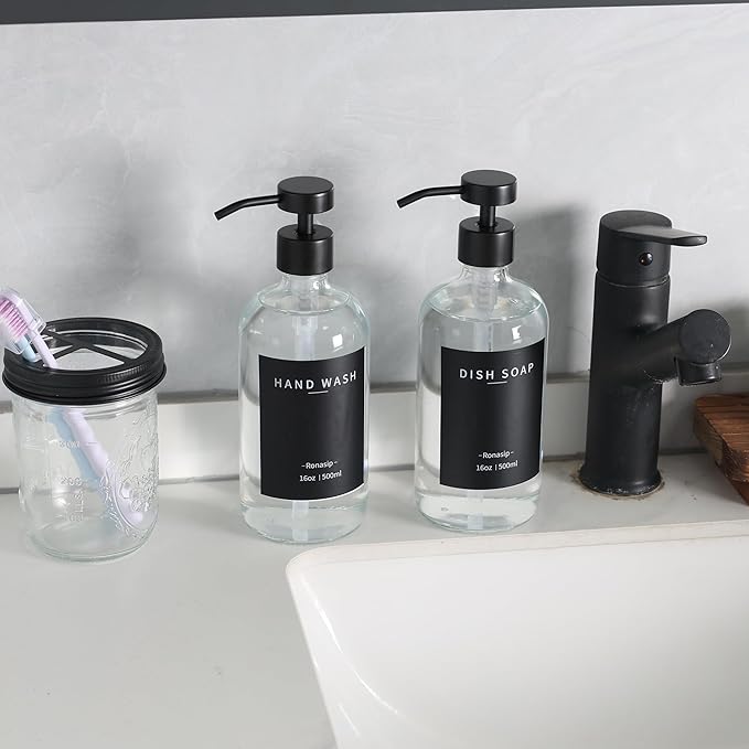 Set of 5 Kitchen Soap Dispenser Set 16 Oz Glass Hand Dish Soap Dispenser with Stainless Steel Pump, Cement Tray, Dish Scrub Brush for Farmhouse Rustic Home Bathroom Decor (Transparency)
