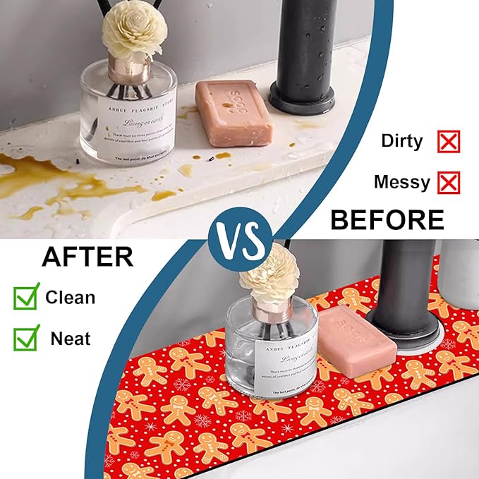 Christmas Merry Xmas Sink Splash Guard Santa Claus Faucet Absorbing Mat Fast Drying Mat Sink Gadgets Splash Guard Behind Faucet Drip Catcher for Kitchen Bathroom, 23.5"x5.5"