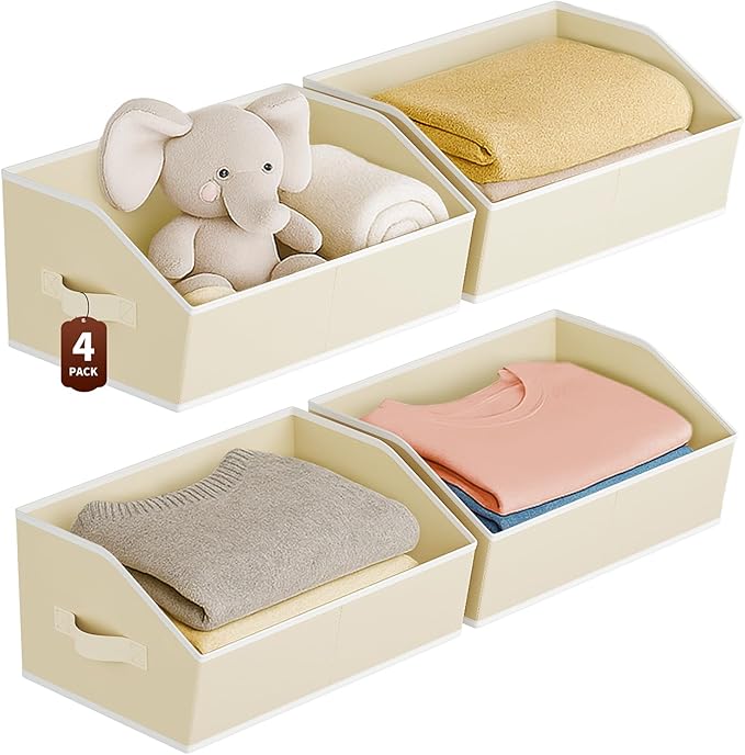 Large Closet Organizers and Storage Bins - 4 Pack Trapezoid Storage Baskets for Shelves, Foldable Fabric Baskets with Handles Ideal for Closet, Basket, Wardrobe and Shelf Storage, Beige