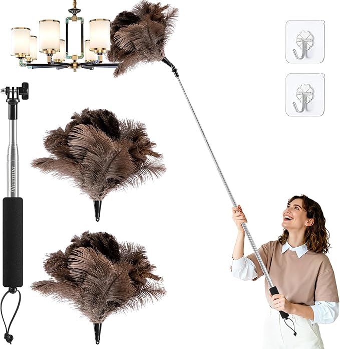 Extendable Ostrich Feather Duster with 19-49 inch Rotatable Stainless Steel Pole, Natural Feather Duster for Ceiling Fan Cobweb Dusting, Reusable Flexible Cleaning Duster(Include 1 Replacement Heads)