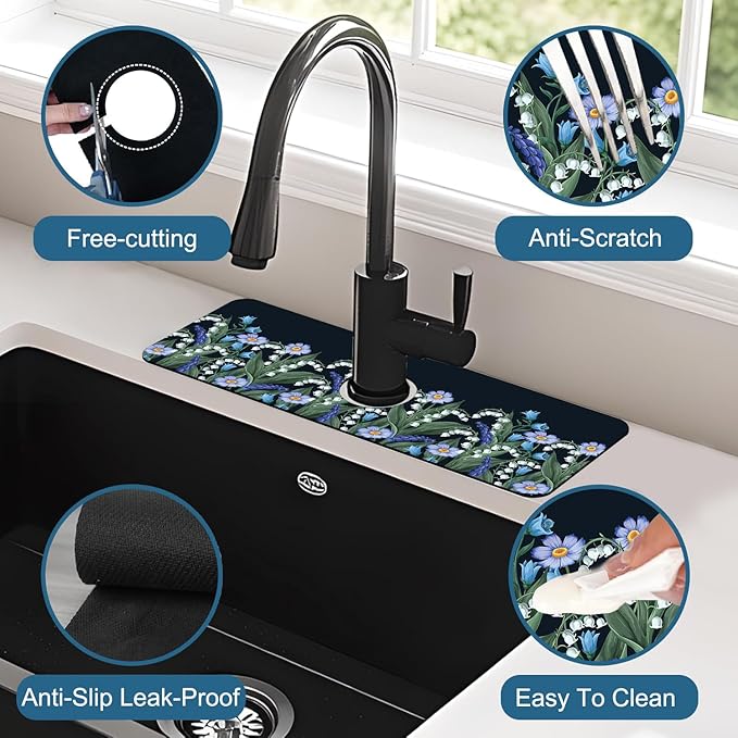 Blooming Lilies Kitchen Sink Splash Guard Faucet Mat Valley Lilies Flowers Super Absorbent Fast Drying Mat Sink Splash Guard Behind Faucet for Kitchen Bathroom, 15.5"x5.5"
