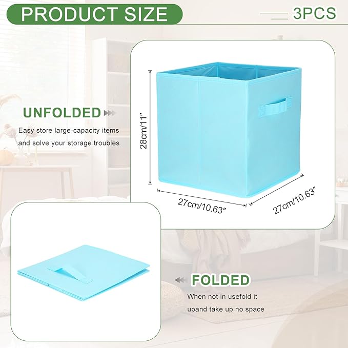 uxcell 3Pcs Fabric Storage Bins, 11 Inch Cube Storage Bin Foldable Storage Cube Organizer Bins with Handles for Shelf Closet, Nursery Home, Bedroom(Sky Blue)