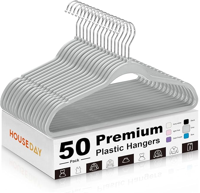 HOUSE DAY Grey Plastic Hangers 50 Pack - Heavy Duty Non-Velvet Hangers with 360° Swivel Hook & Non Slip Notches - Slim Space Saving Clothes Hangers, Durable Closet Organizers for Coats Shirts Dresses