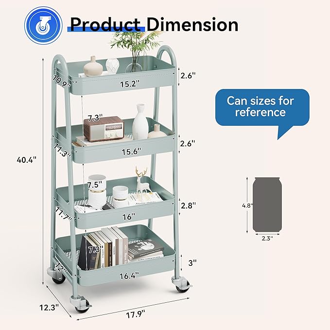 OLIXIS 4 Tier Utility Rolling Cart, Metal Mobile Storage Shelf with Lockable Caster Wheels, Organization for Livingroom, Bathroom, Kitchen, & Narrow Places, 4-Tier Green