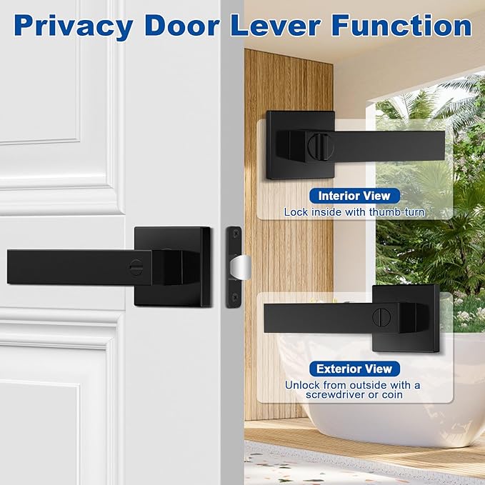 Estmoon 8 Pack Door Handles Black Interior Door Knobs, Keyless Privacy Door Levers with Lock Heavy Duty Door Handle for Bedroom Bathroom
