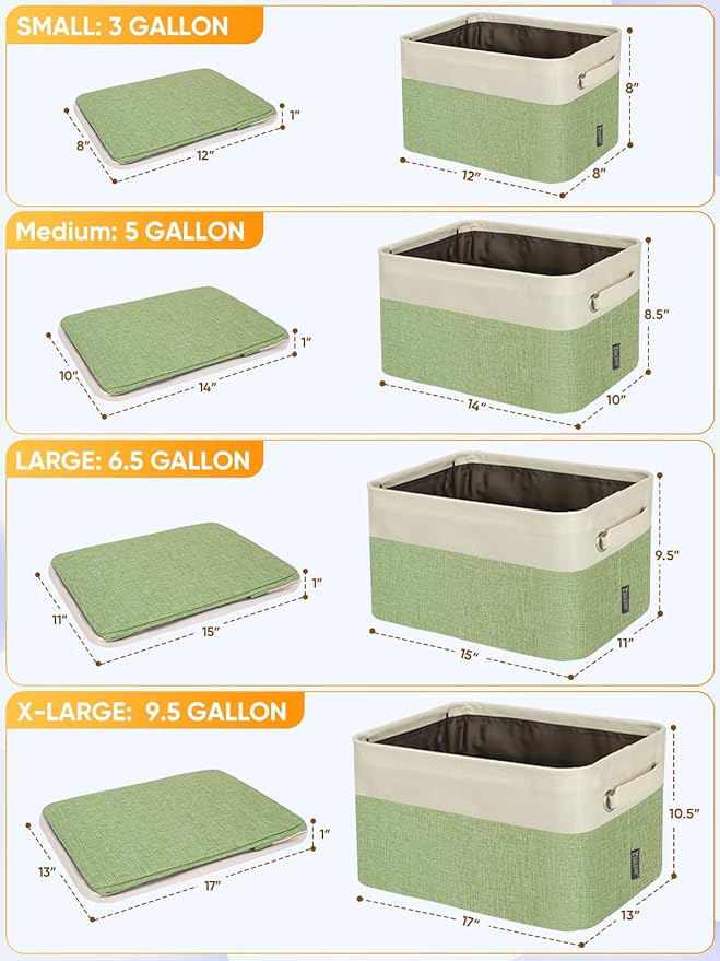 BALEINE 4 Pack Fabric Storage Bins for Shelves, Linen Storage Baskets for Organizing, Decorative Closet Bins for Clothes, Home (Green, 12"x8"x8")