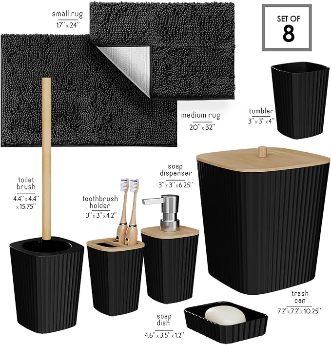 Clara Clark Bathroom Set - Black Bathroom Accessories Set, 6PC Bathroom Accessory Set, Bathroom Sets with Bathroom Rugs, Toilet Brush, Trash Can & Soap Dispenser