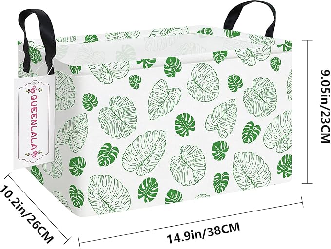 QUEENLALA Rectangular Laundry Hamper/Foldable Nursery Laundry Basket for Organizing/Storage Bin Baskets/Children Toy Office Bedroom/Toy Bin Closet Shelf Baskets (Rec-Green Leaf)
