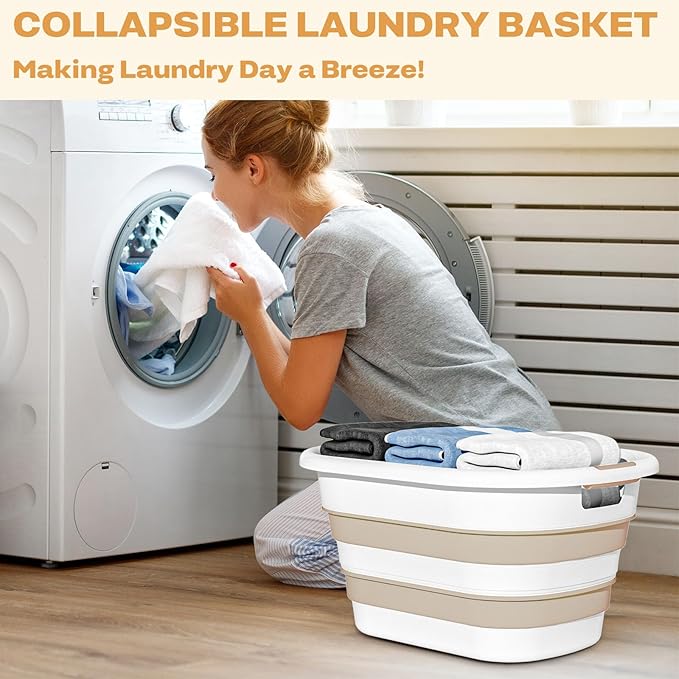 43L(11.5Gallon) Collapsible Laundry Baskets plastic, Pop Up Laundry hamper/Storage Container, Foldable Laundry Basket with Large Capacity,Sturdy,Space Saver (Beige, 2 Packs)