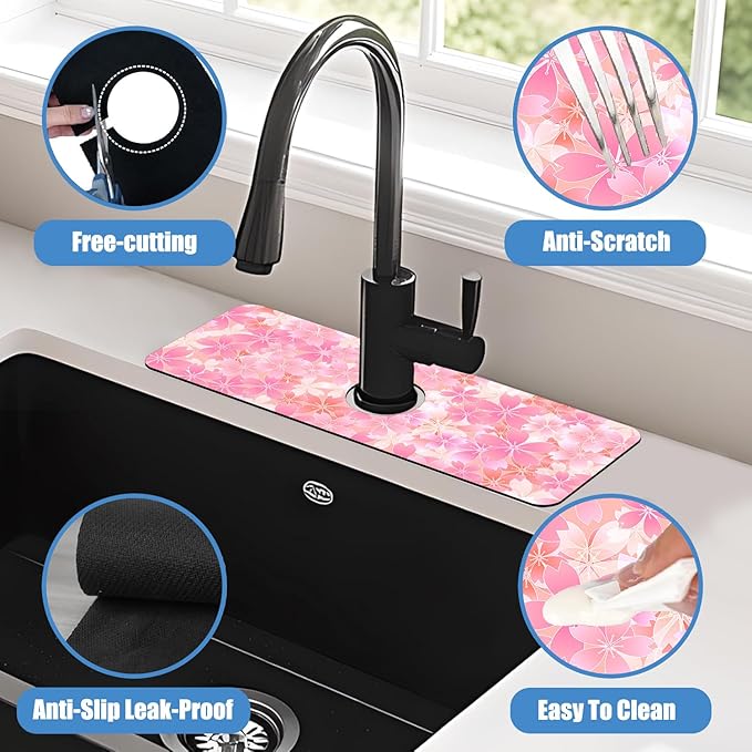 Sink Faucet Absorbing Mat Cherry Spring Flower Sink Splash Guard Drying Mat for Kitchen Bathroom Faucet Sinkmat 15.5"X5.5"