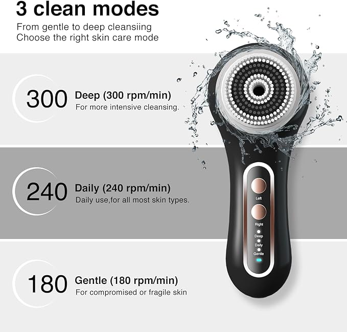 Electric Facial Cleansing Brush, 2-Way Rotating Face Scrubber for Daily & Deep Cleaning, 3 Modes, 5 Brush Heads, Rechargeable, IPX7 Waterproof for All Skin Types