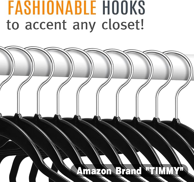 TIMMY 50 Plastic Hangers 17.7 Inch - Velvet Non-Slip, Space Saving Closet Organizers, Heavy Duty Slim Hangers for Pants, Shirts, Coats (Black, Ultra Thin & Durable)
