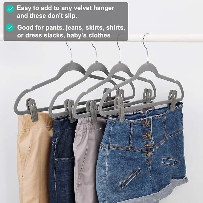 Grey Velvet Hangers Clips 50 PCS, Non-Slip Velvet Skirt Hanger Clips for Velvet Hangers, Strong Finger Clips Perfect for Kids Velvet Hangers Skirt Pant Clothes Gray Velvet Hangers