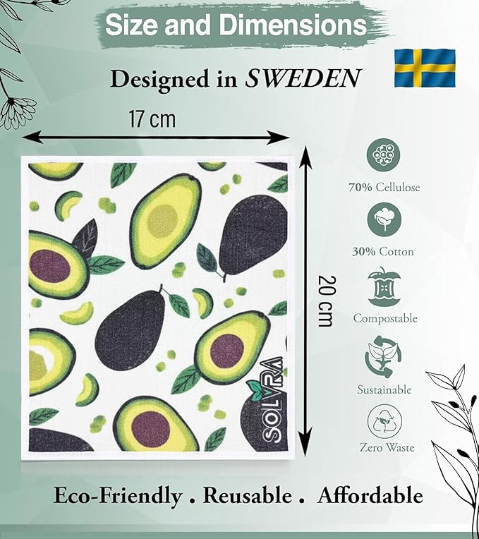 5 PCS Fruit Print Swedish Dishcloths for Kitchen 100% Biodegradable, Reusable Cellulose Sponge Cloths Ultra Absorbent, Eco Friendly Cleaning Towels Dishcloths for Washing Dishes & General Cleaning