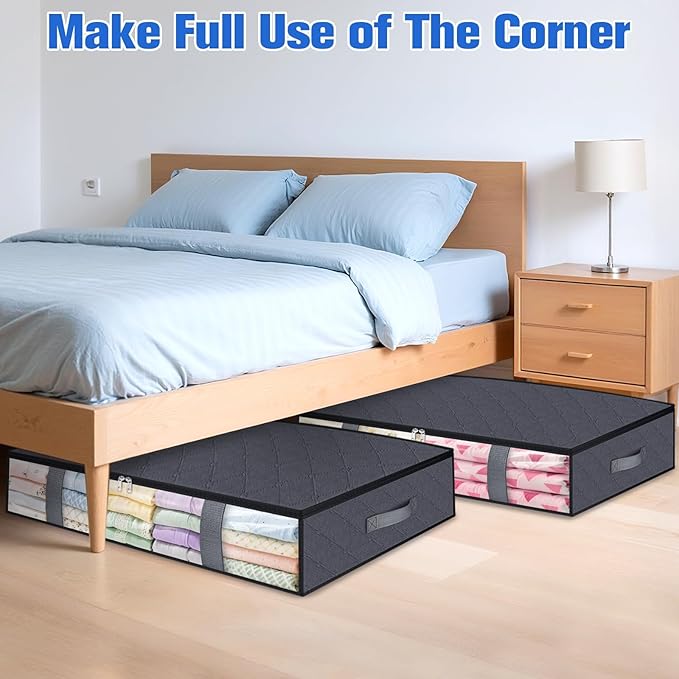 Under Bed Storage Containers, 4 Pack Blanket Storage Bags, Collapsible Storage Bags with Big Zippers, Clear Front, Shoe Storage and Organization for Clothes, Comforter, 90L, Grey