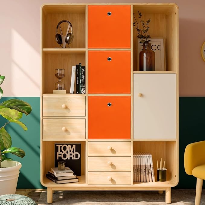 Fabric Cubes Storage Containers ,11 Inch Cloth Storage CubeFoldable Storage Bins Cubes Organizer Baskets with Dual Handles for Shelf Closet Set of 6,(Orange)