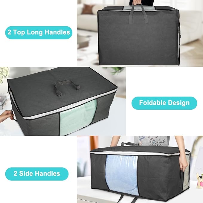 6Pack 105L Extra Large Blanket Comforter Storage Bags, Foldable Storage Bags for King Comforter Bedding Pillow Sheet Clothes with Handles Zippers Clear Window Closet Organizers and Storages, Black