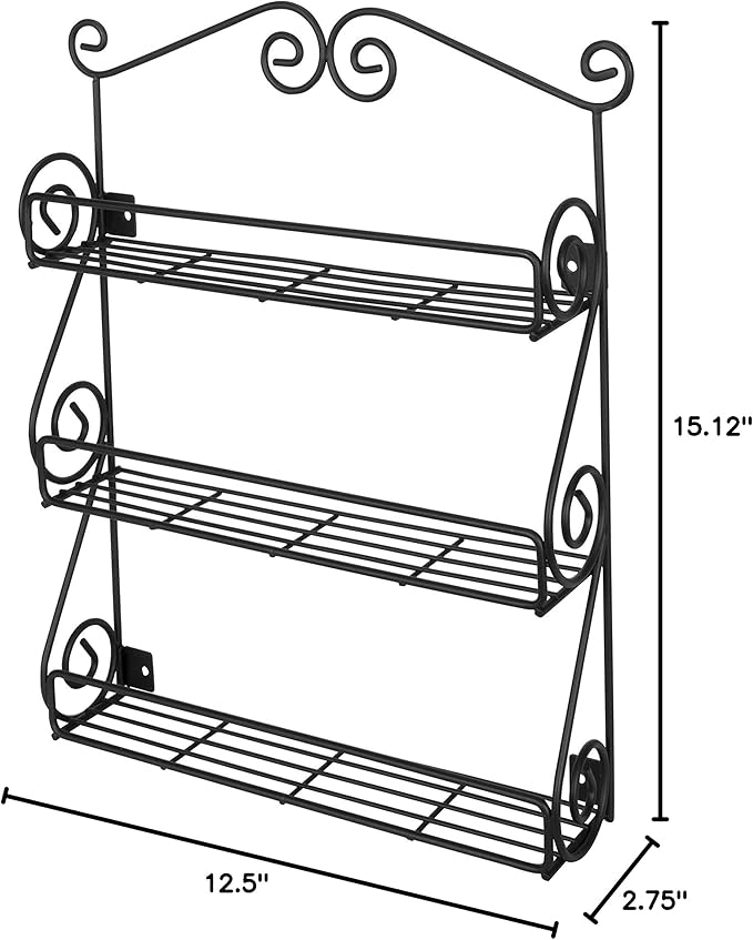 Spectrum Diversified Scroll Wall-Mounted Traditional Spice Rack Organizer for Cabinet & Kitchen, 3-Tier, Beauty & Nail Polish, 43710