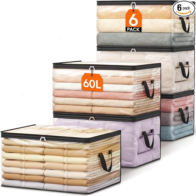 Lifewit 6 Pack Clear Clothes Storage Bags, 60L Plastic Blanket Vinyl Foldable Moving Bags with Zipper, Closet Organizers and Storage Containers for Bedding, Duvet, Pillow