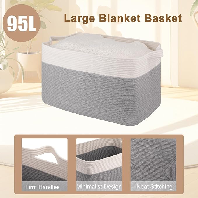 OIAHOMY Extra Large Blanket Basket, 95L Woven Storage Basket, Cotton Rope Toy Bin for Baby Room, Container for Storage in Living Room, 24''×17''×14'', Grey & White