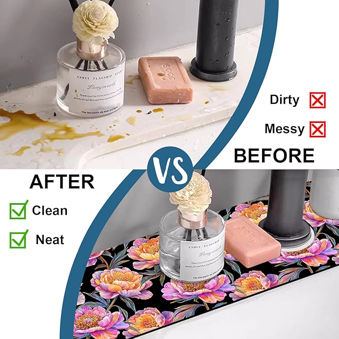 Colorful Peonies Sink Faucet Absorbing Mat Blooming Peonies Super Absorbent Fast Drying Mat Sink Gadgets Behind Faucet Sinkmat for Kitchen Bathroom, 23.5"x5.5"