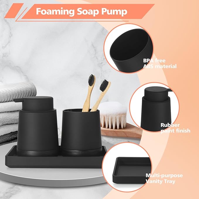 Black Bathroom Countertop Accessories Set - Foaming Soap Dispenser and Toothbrush Holder with Silicone Boot,Vanity Tray (Black Foam)