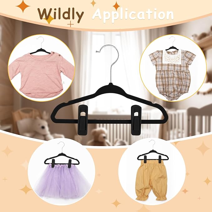 Soaoo 50 Pack Premium Baby Velvet Hangers with Adjustable 100 Clips, Non Slip 11 Inch Slim Kids Closet Organizer for Pants, Dresses & Matching Outfits, Nursery & Toddler Wardrobe (Black)