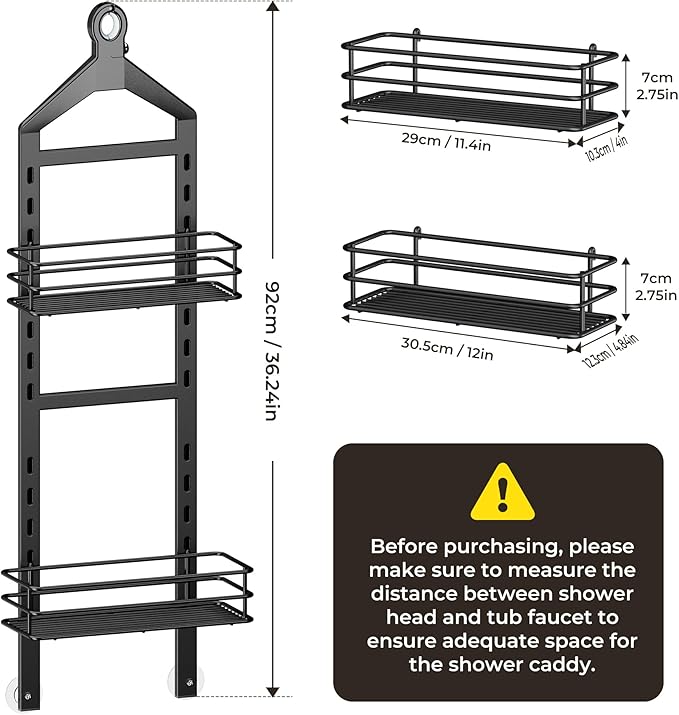 Orimade Adjustable Anti-slip Shower Caddy over Head, Rustproof Bathroom Hanging Shower Organizer with 2 Hooks for Razor, No Drilling Shower Shelves Storage Rack 2 Tier, Black
