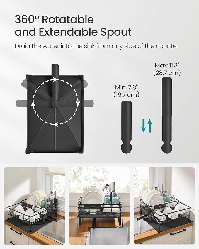 SONGMICS Dish Drying Rack, Kitchen Dish Rack with Drainboard, 360° Rotatable and Extendable Spout, with Cutlery Holder, (12.2-22) x 16.5 x 7.9 Inches, Ink Black UKCS552B01