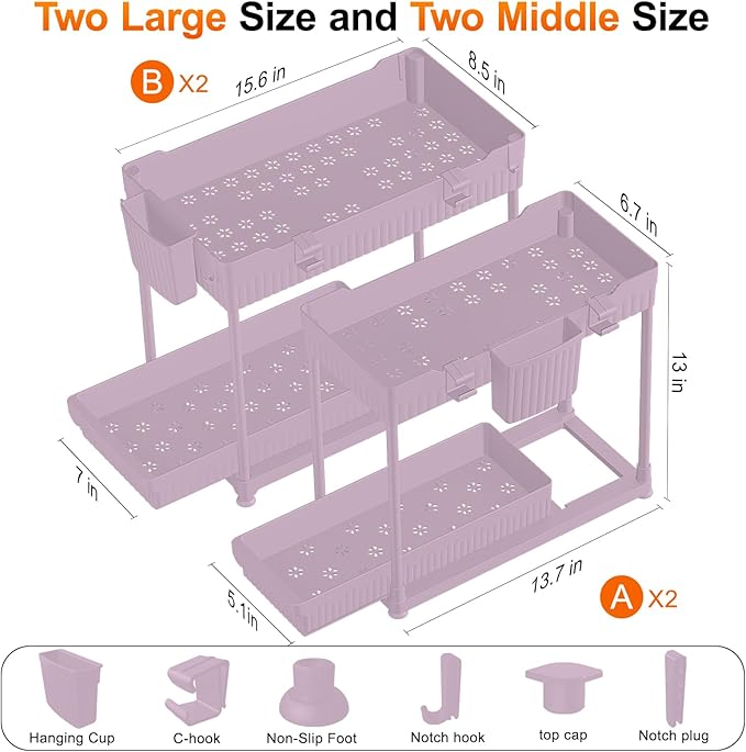 Under Sink Organizer, Bathroom Organizers and Storage, 2 Tier Multi-Use Pull Out Cabinet Organizer with Hang Hooks and Cups (Pink, 4 Pack)