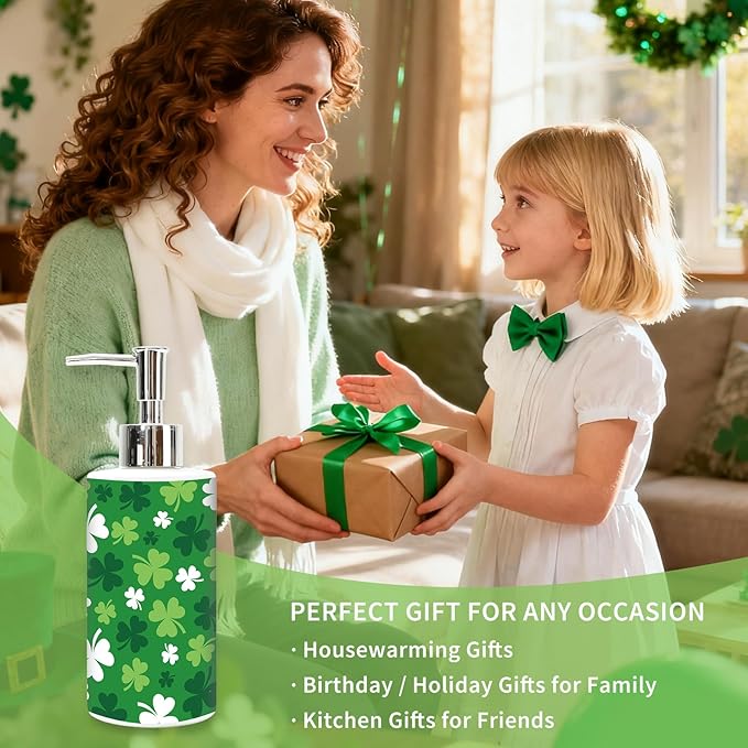 JarThenaAMCS St. Patrick's Day Soap Dispenser Glass Dispenser with Pump Refillable Green Shamrock Clover Liquid Soap Container for Irish Holiday Home Kitchen Bathroom Countertop