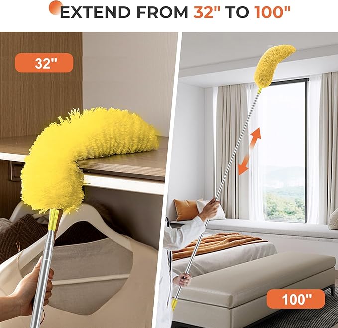 Dusters for Cleaning High Ceiling Fan, Newliton Microfiber Feather Duster with 30'' to 100'' Telescoping Extension Pole, Long Extendable Duster for Home Car Furniture Cobweb, Yellow