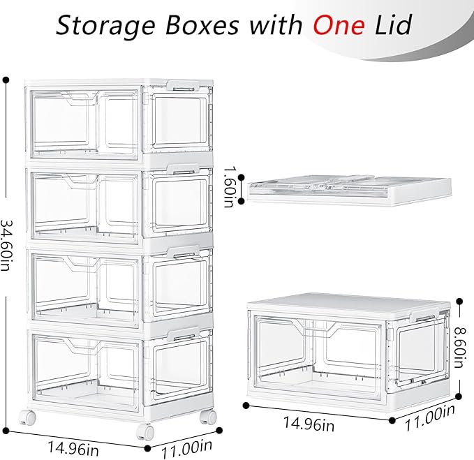 SNSLXH Portable Clear Storage Bins with Lid & Wheels, 24QT Clear Storage Bins with Lid, 4-Tier Plastic Bins with Wheels, Stackable, Magnetic Doors, for Bedroom, Living Room, Office