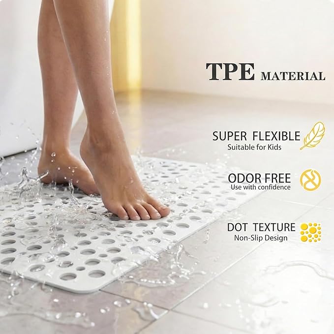 Mantto Nonslip Bath Tub Shower Mat with Suction Cups, Extra Soft TPE Bath Mat for Kids, Bathtub Bathroom Mats, Machine Washable, Smooth/Non-Textured Tubs Only, 30L x 17W Inch(White)