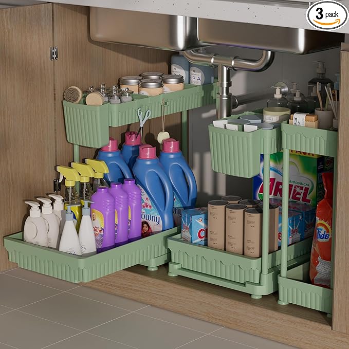 3 Pack Multi-Purpose Under Sink Organizers and Storage, 2026 L-Shaped Pull Out Cabinet Organizer for Bathroom & Kitchen, Under Cabinet Organizer with Hooks Hanging Cup, Green, 14.85 inch