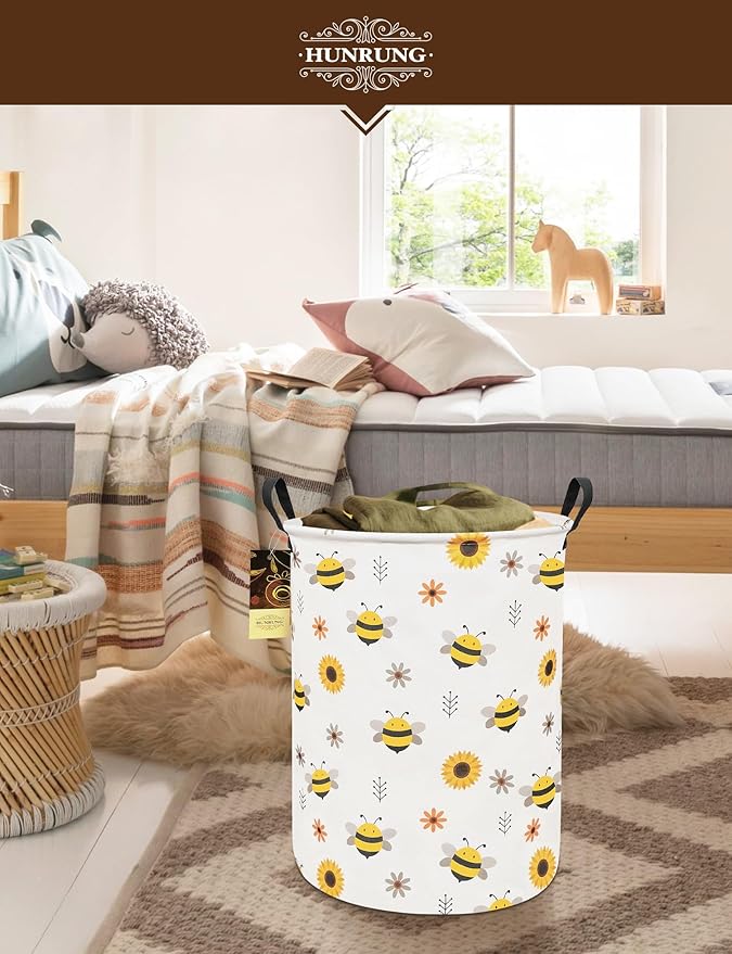HUNRUNG Laundry Hamper,Large Canvas Fabric Lightweight Storage Basket Toy Organizer Dirty Clothes Collapsible Waterproof for College Dorms(Round-Bee)