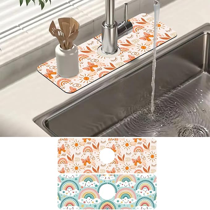 2 Pack Cute Rainbow Sink Splash Guard Faucet Mat Boho Rainbow Butterfly Super Absorbent Fast Drying Mat Sink Gadgets-Splash Guard Behind Faucet Drip Catcher for Kitchen Bathroom, 15.5"x5.5"