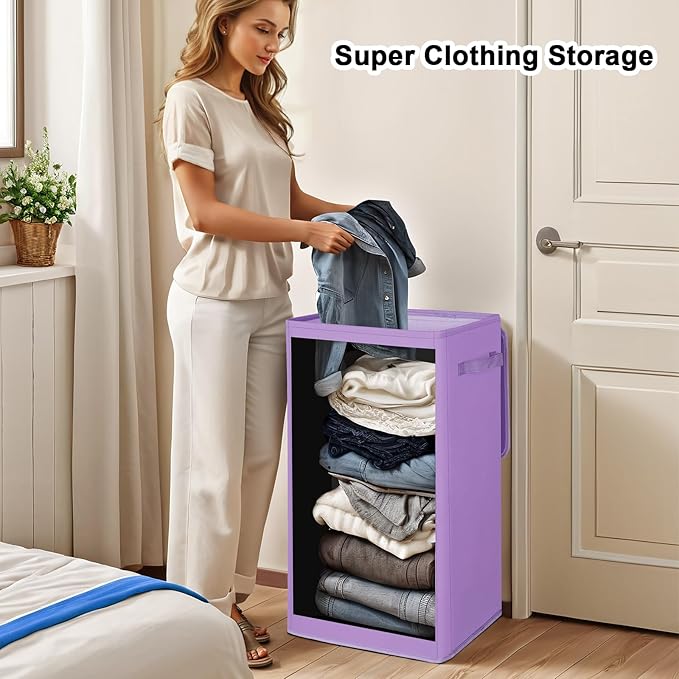 Odonata 75L Slim Laundry Hamper with Lid,Large Foldable Laundry Basket with Removable Bag and Handles Tall Collapsible Dirty Clothes Basket Great for Bedroom, Bathroom, Dorm, College,RV.(Purple, 75L)