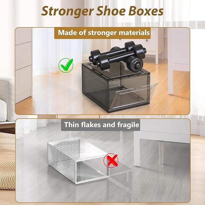 JWQ 10 Pack Extra XX Large Hard Plastic Clear Stackable Shoe Storage Box Organizer for Closet, Thicken Sturdy Sneaker Shoe Rack Display Case Containers Bins with Lids and Magnetic Door, Grey
