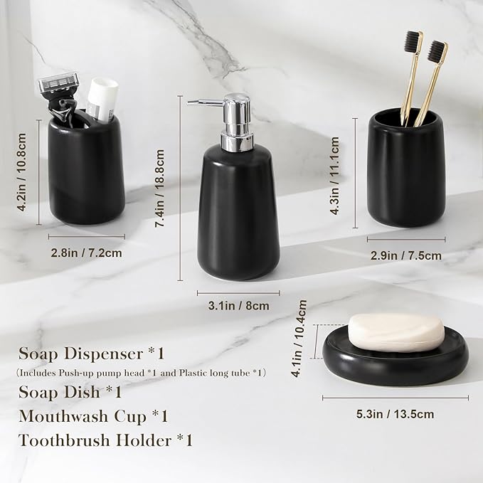 MALACASA Ceramic Bathroom Accessories Sets, 4 PCS,Soap Dispenser, Toothbrush Holder, Toothbrush Cup and Soap Dish, Durable Bathroom Sink Set for Modern Home Decor,Gift Set, Black