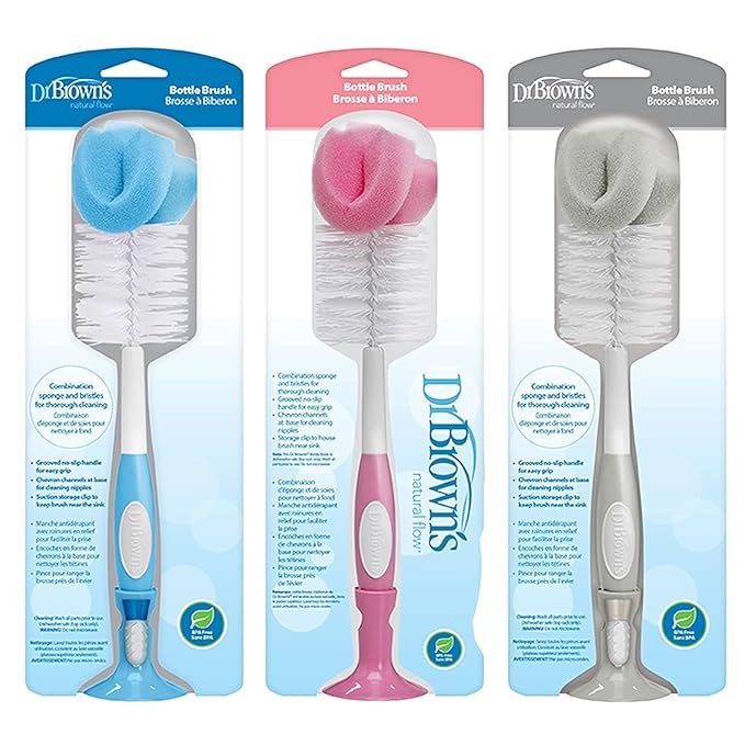 Dr. Brown's Reusable Sponge Baby Bottle Cleaning Brush with Suction Cup Stand, Scrubber and Nipple Cleaner, BPA-Free, Blue/Gray/Pink, 3-Pack