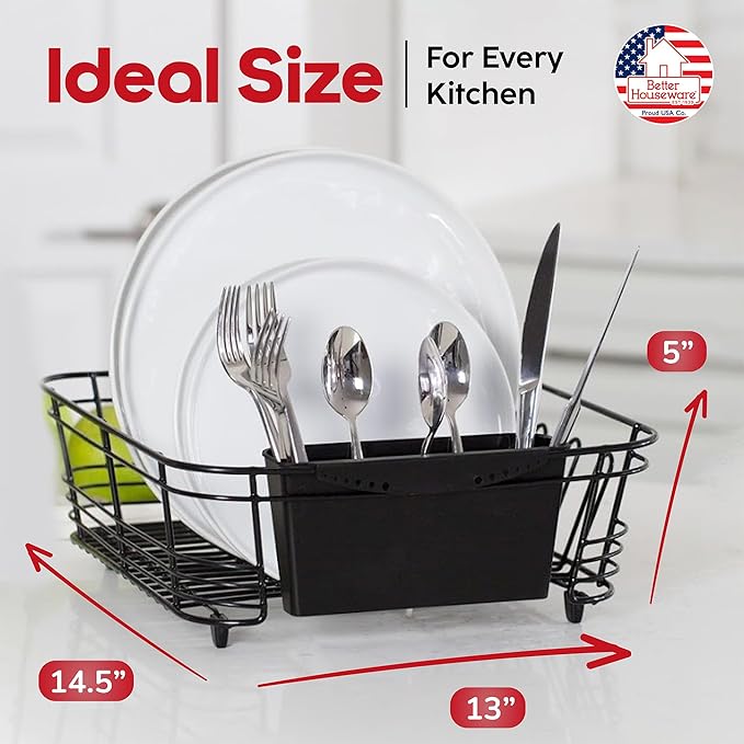 Better Houseware in Sink Dish Drying Rack, Dish Drying Rack in Sink with Non-Slip Handles, Stainless Steel Space-Saving Design, 2-Piece Set with Utensil Holder, 14.5 x 13 x 5 Inch, Black