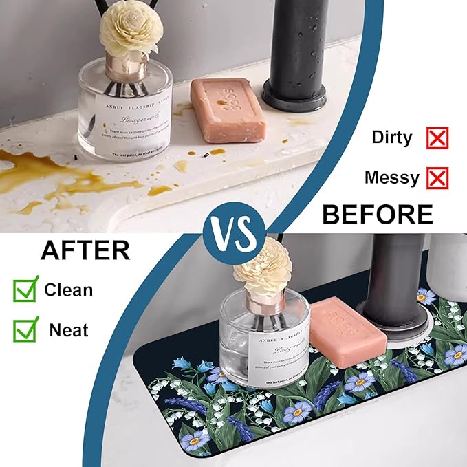 Blooming Lilies Kitchen Sink Splash Guard Faucet Mat Valley Lilies Flowers Super Absorbent Fast Drying Mat Sink Splash Guard Behind Faucet for Kitchen Bathroom, 15.5"x5.5"