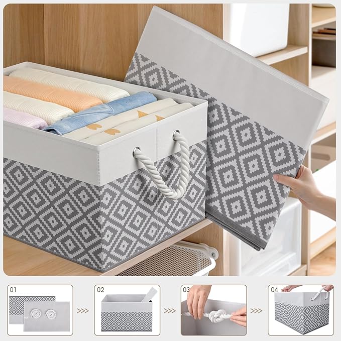 Storage Bins, 3-Pack Large Storage Box with Rope Handles, Collapsible Storage Basket for Organizing Books, Clothes, Rhombic Grey